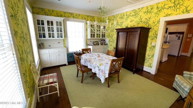 dining space with dark hardwood / wood-style flooring and crown molding