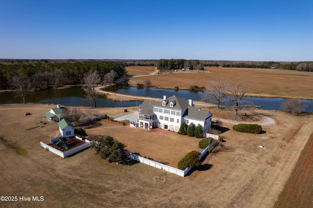 aerial view featuring a water view and a rural view