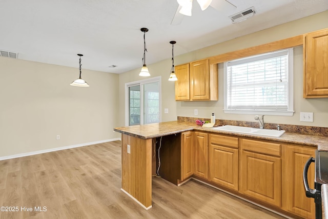 kitchen featuring a sink, visible vents, a peninsula, and light wood finished floors