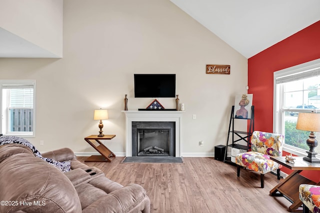 2306 Cottagefield Ln, Leland, NC 28451 - living room featuring hardwood / wood-style floors and high vaulted ceiling