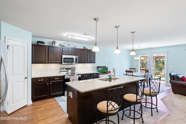 kitchen with a breakfast bar, a sink, stainless steel appliances, dark brown cabinets, and backsplash