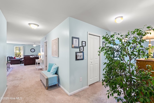 hallway with carpet flooring and baseboards