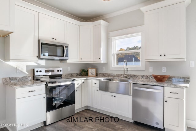 kitchen with white cabinetry, appliances with stainless steel finishes, dark hardwood / wood-style flooring, and sink