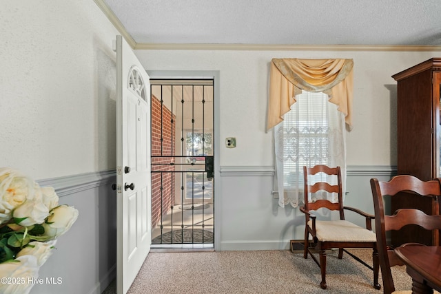 living area featuring crown molding, a textured ceiling, and carpet flooring