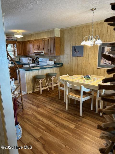 kitchen featuring white microwave, under cabinet range hood, wood finished floors, electric stove, and brown cabinets