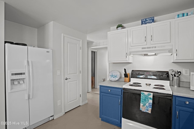 169 NW 7th St, Oak Island, NC 28465 - kitchen with white refrigerator with ice dispenser, under cabinet range hood, blue cabinets, range with electric stovetop, and light countertops