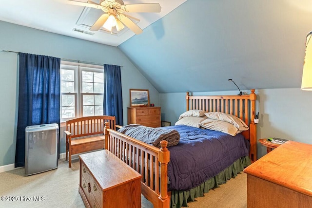 bedroom featuring baseboards, visible vents, light colored carpet, lofted ceiling, and ceiling fan