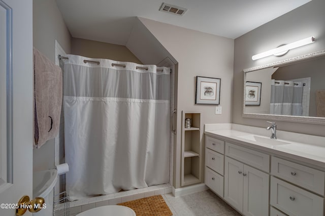 full bath with a washtub, tile patterned floors, a shower with shower curtain, vanity, and visible vents