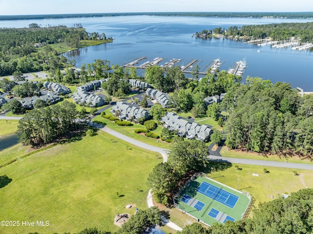 birds eye view of property featuring a water view