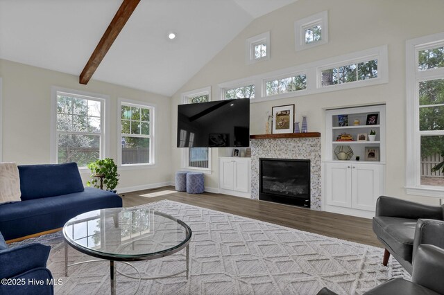 living room featuring a fireplace, plenty of natural light, wood finished floors, and high vaulted ceiling