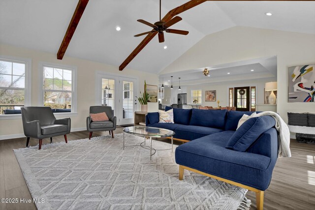 living room featuring a ceiling fan, wood finished floors, a healthy amount of sunlight, and high vaulted ceiling