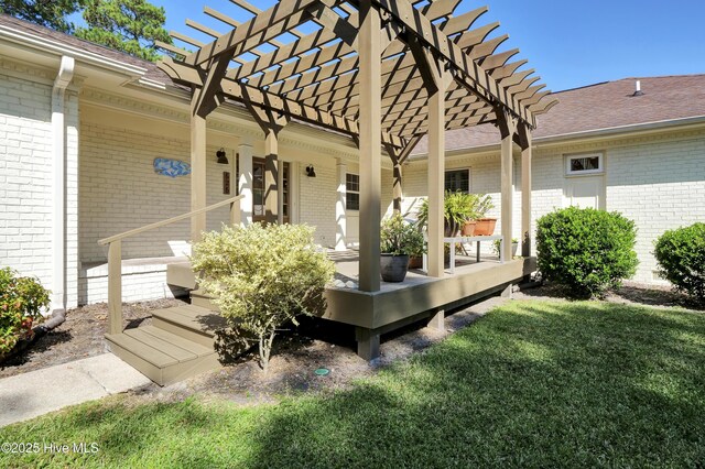 property entrance featuring a porch, brick siding, and a pergola
