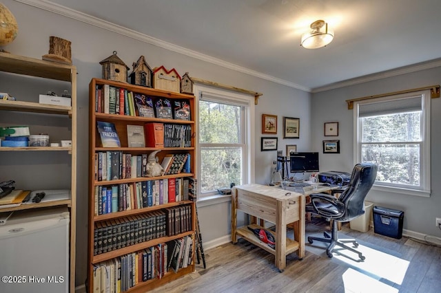 office area featuring ornamental molding and light wood-type flooring