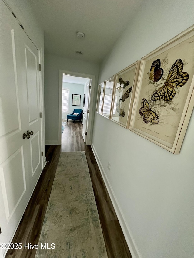 corridor with dark wood-type flooring and baseboards