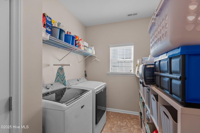 laundry room with laundry area, baseboards, visible vents, and washing machine and clothes dryer