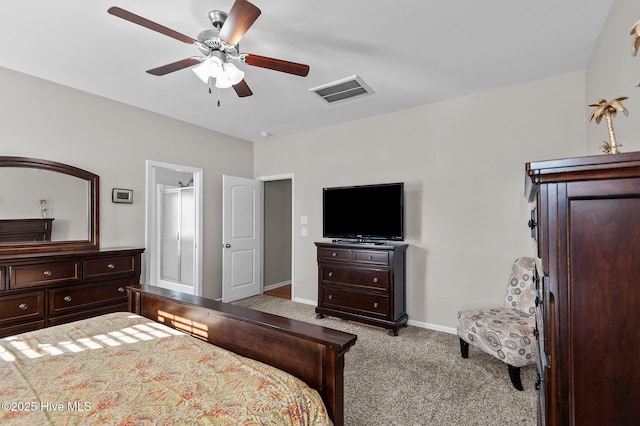 bedroom with light carpet, baseboards, visible vents, and ceiling fan