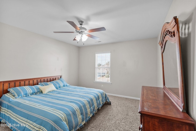 bedroom featuring carpet flooring, ceiling fan, and baseboards