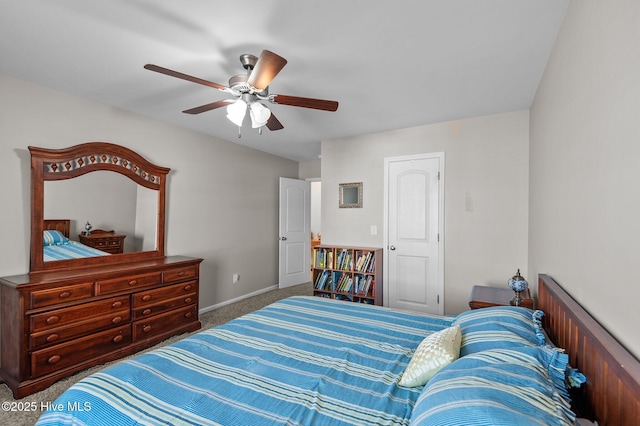 bedroom featuring carpet, baseboards, and ceiling fan