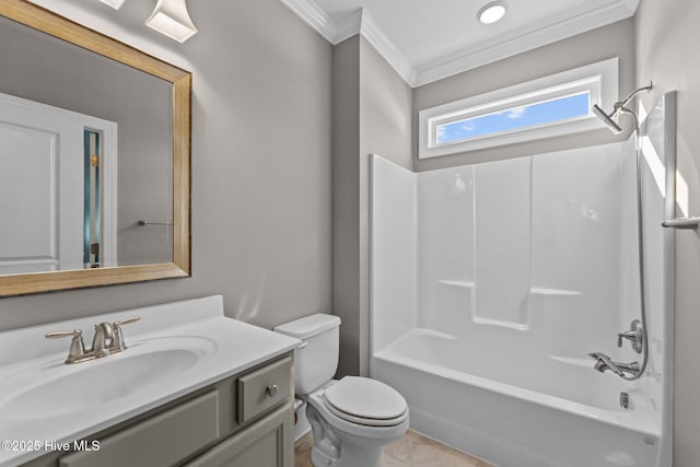 full bathroom with toilet,  shower combination, crown molding, and vanity