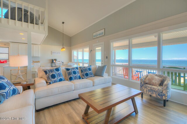 living room featuring a water view, high vaulted ceiling, and light wood-type flooring