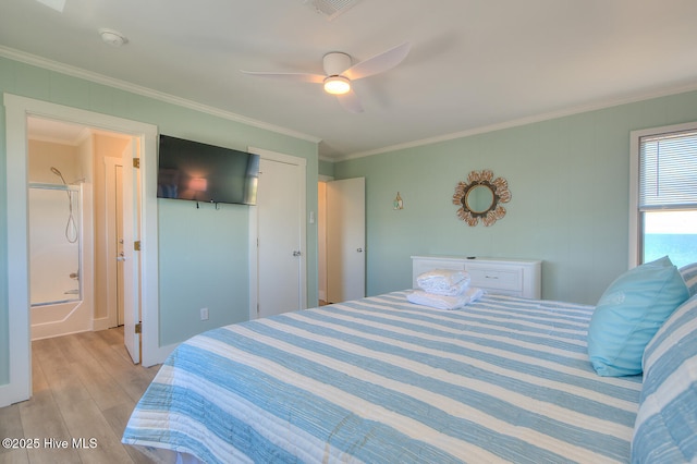 bedroom with crown molding, ceiling fan, and light wood-type flooring