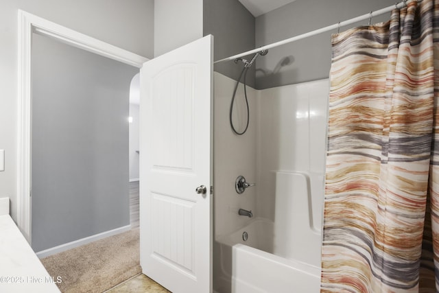 1180 Red Bay Pl, Leland, NC 28451 - bathroom with baseboards and shower / bath combination with curtain