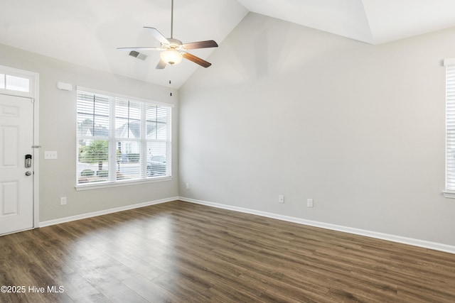 1180 Red Bay Pl, Leland, NC 28451 - unfurnished living room featuring high vaulted ceiling, dark wood finished floors, a ceiling fan, baseboards, and visible vents