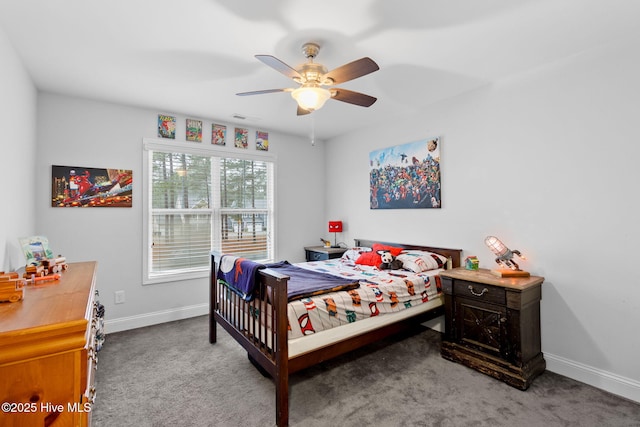 bedroom featuring light colored carpet and ceiling fan