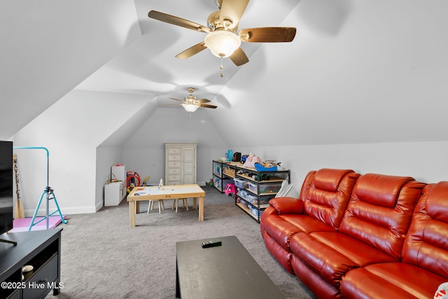 recreation room featuring vaulted ceiling and carpet