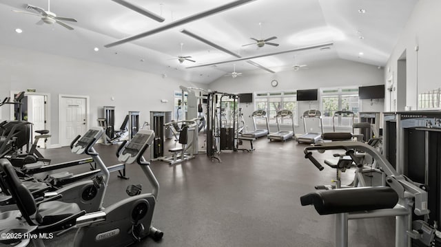 exercise room with lofted ceiling and ceiling fan