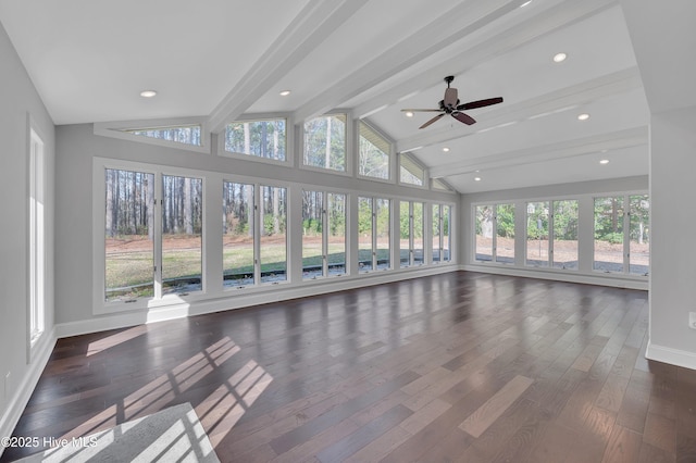 unfurnished living room featuring recessed lighting, baseboards, dark wood-type flooring, and beamed ceiling