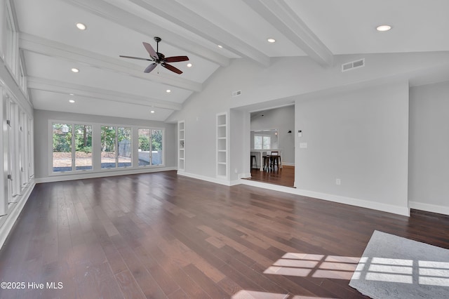 unfurnished living room featuring vaulted ceiling with beams, baseboards, visible vents, and dark wood-type flooring