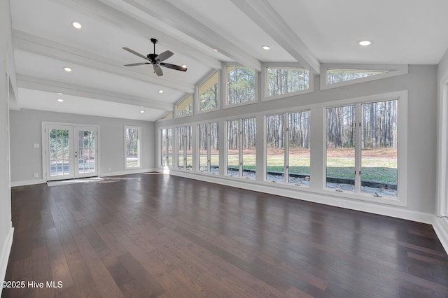 unfurnished living room featuring recessed lighting, baseboards, french doors, beamed ceiling, and dark wood finished floors