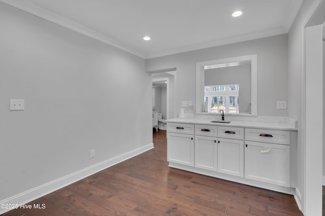 interior space featuring dark wood-style floors, a sink, white cabinetry, and crown molding