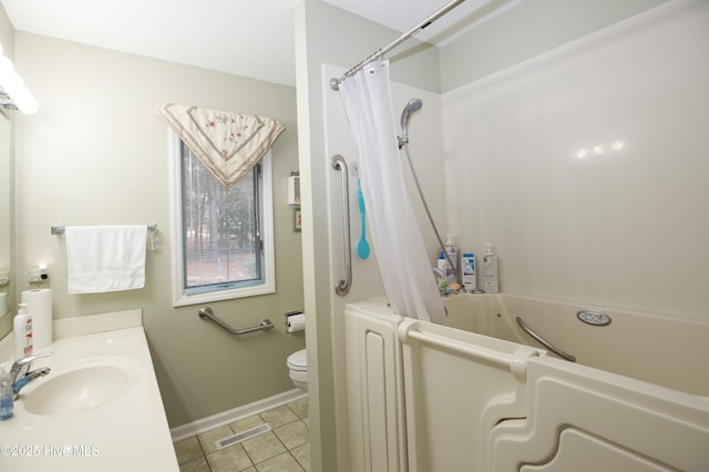 full bathroom with vanity, tile patterned floors, shower / bath combination with curtain, and toilet