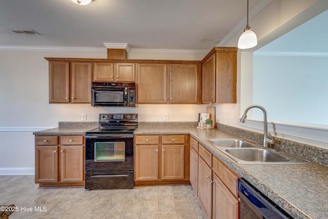 kitchen featuring ornamental molding, decorative light fixtures, sink, and black appliances