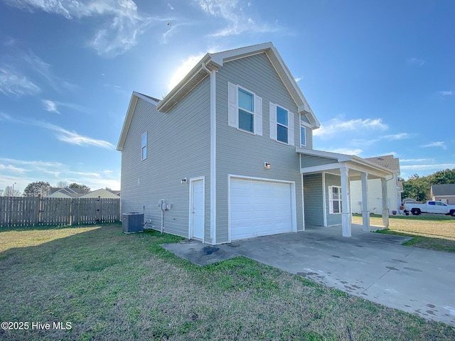 view of property exterior with cooling unit, a garage, and a yard