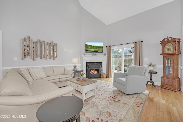 3566 Sanderling Dr SE, Southport, NC 28461 - living area with high vaulted ceiling, light wood finished floors, a glass covered fireplace, and baseboards