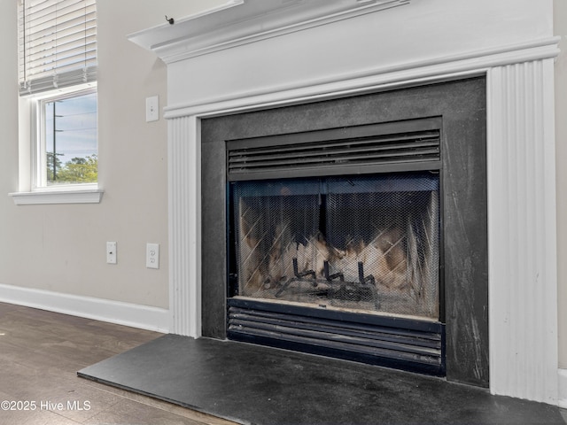 interior details featuring baseboards and a fireplace with raised hearth