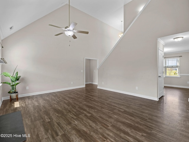 unfurnished living room featuring visible vents, dark wood-type flooring, baseboards, high vaulted ceiling, and ceiling fan