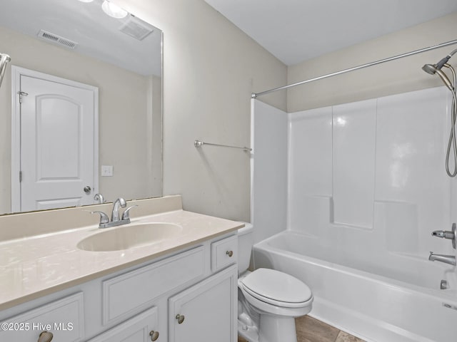 bathroom with vanity, bathtub / shower combination, toilet, tile patterned flooring, and visible vents