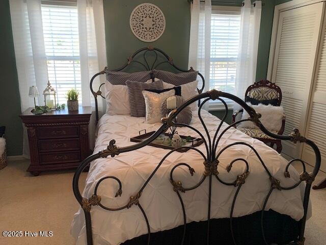 carpeted bedroom with a closet