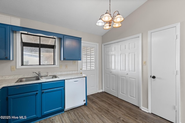 kitchen with a sink, blue cabinets, dark wood-type flooring, and white dishwasher