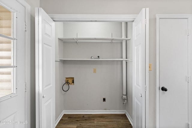 washroom with baseboards, laundry area, hookup for a washing machine, wood finished floors, and hookup for an electric dryer