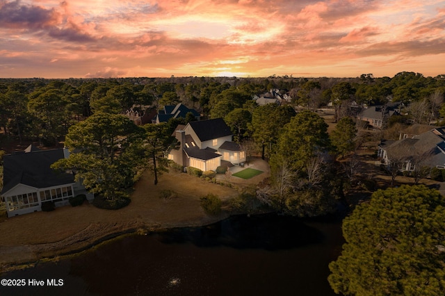 aerial view at dusk featuring a view of trees