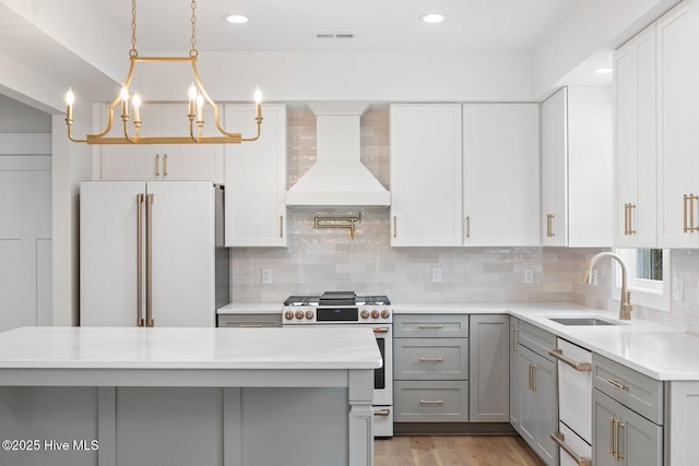 1773 Oakbrook Dr SW, Ocean Isle Beach, NC 28469 - kitchen featuring white appliances, light countertops, a sink, premium range hood, and gray cabinetry