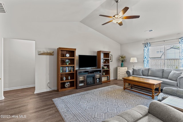 living area featuring a ceiling fan, baseboards, wood finished floors, lofted ceiling, and visible vents