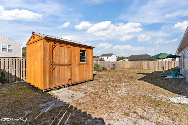 view of shed featuring a fenced backyard