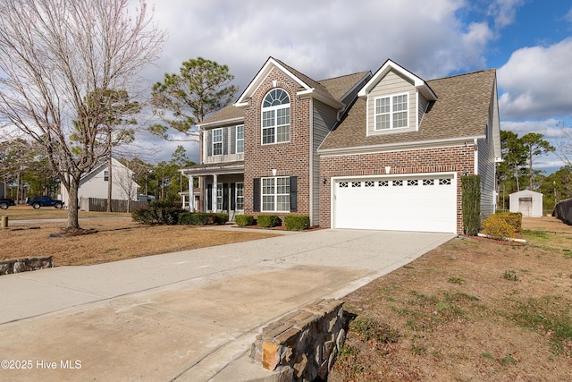 view of front facade featuring a garage, concrete driveway, brick siding, and roof with shingles