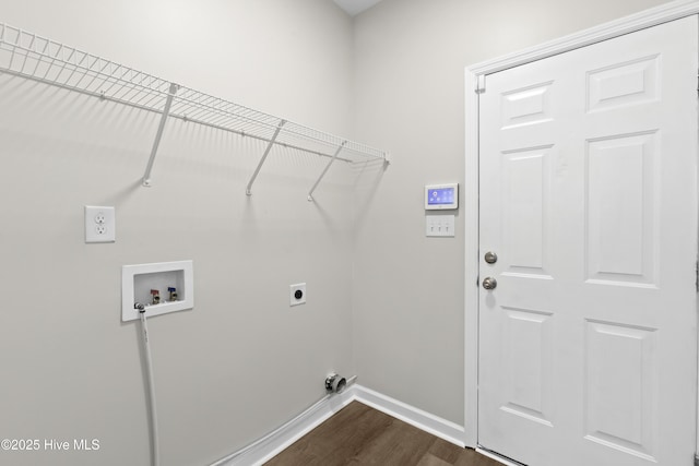 washroom with washer hookup, dark wood-style flooring, hookup for an electric dryer, laundry area, and baseboards